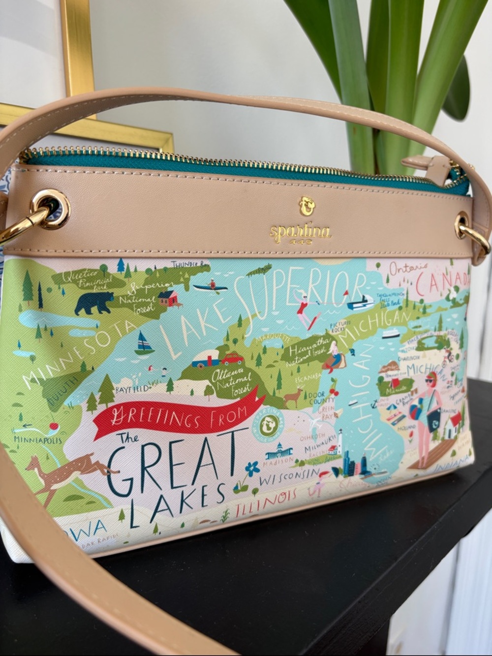 Spartina 449 Great Lakes Map Crossbody in Pink and Tan